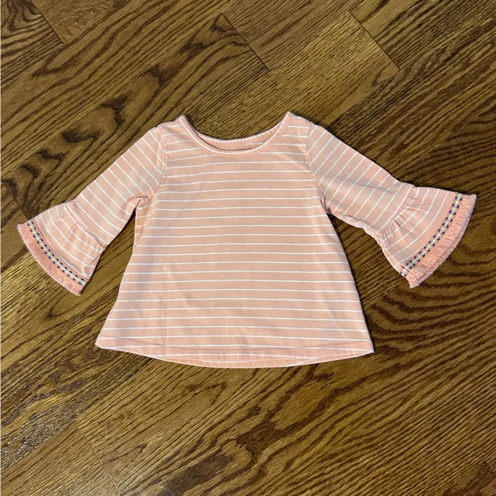 Okie Dokie | Coral and White Striped 3/4 Sleeve Shirt With Fringe Accents